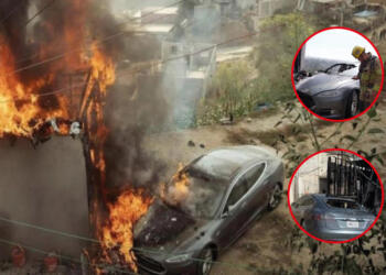 Conductor provoca incendio al conectar Tesla a poste de luz en Tijuana