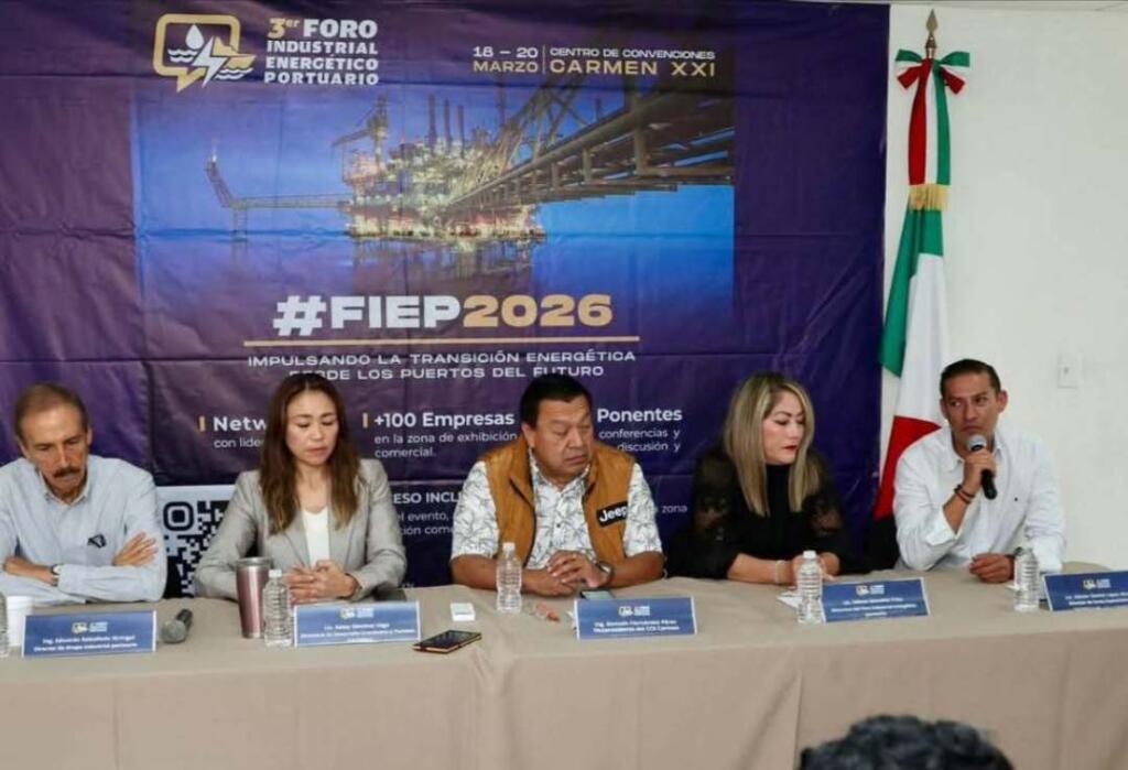Conferencia de prensa de presentación del FIEP 2026 en Ciudad del Carmen, con organizadores y representantes del sector energético y portuario.