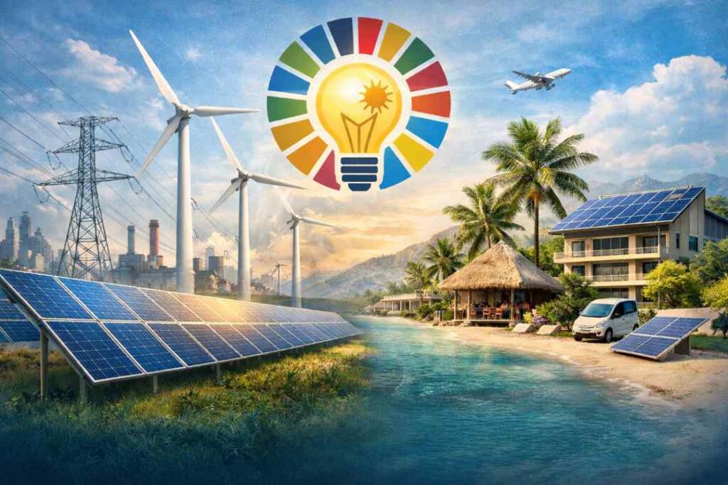 Infraestructura energética y paneles solares vinculados al Día Mundial de la Energía y metas ODS 2030